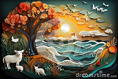 paper art illustration of sheep and trees on the beach at sunset Cartoon Illustration