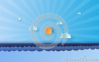 Paper art of Illustration Summer time Blue sea and sky landscape,Summer sea view scenery sunlight beautiful,pastel sweet color, Vector Illustration