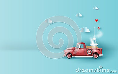 Paper art of Illustration of travel in holiday with red Classic pickup truck car,Vintage pickup truck Carrying Eiffel tower for Vector Illustration