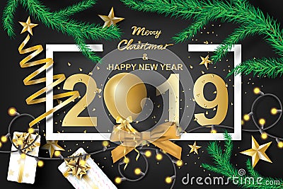 Paper art of merry christmas and happy new year 2019 with black Vector Illustration