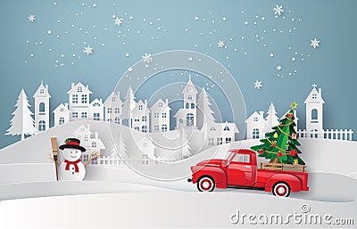 Paper art of Merry Christmas and winter season. Vector Illustration