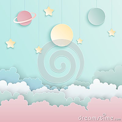 Paper art origami abstract concept with planets Vector Illustration