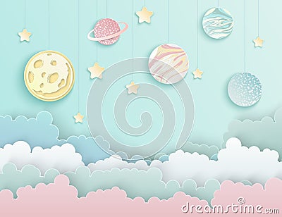 Paper art origami abstract concept with stars, planets Vector Illustration