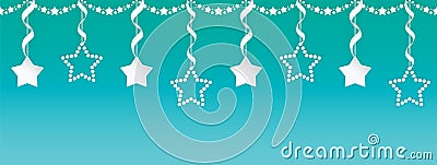 Paper art seamless garland set of stars with silver ribbons on the colorful gradient background. Vector Illustration