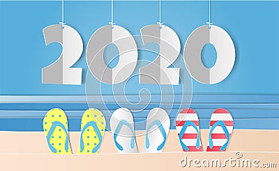 Paper art style with colorful sandals, sea and 2020 happy new year text on blue sky Stock Photo