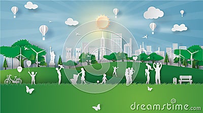 Paper art style of eco landscape sunlight at New York City America with happy family having fun,People big family enjoy fresh air Vector Illustration
