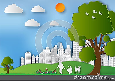 Paper art style of Landscape with girl and dogs in city parks to save the world and ecology idea, Abstract vector background Vector Illustration