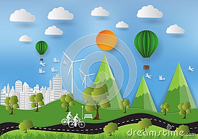 Paper art style of Landscape and People in city parks Vector Illustration