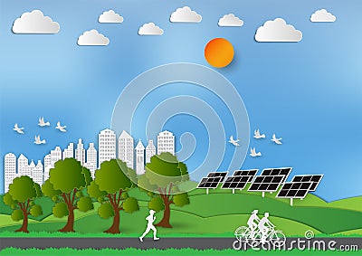 Paper art style of Landscape and People in city parks Vector Illustration