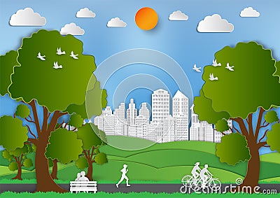 Paper art style of Landscape and People in city parks to save the world idea, Abstract vector background Vector Illustration