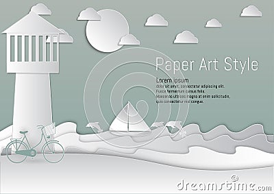 Paper Art Style. lighthouse and Sea with sailboat and Dolphin. vector illustration Vector Illustration