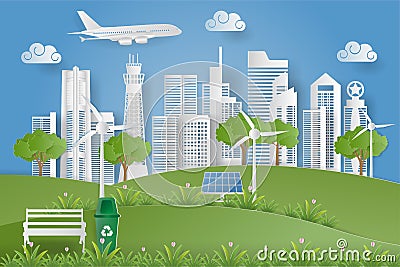 Paper art style of skyscraper with modern city skyline building, airplane, parks and wind turbine fields Stock Photo