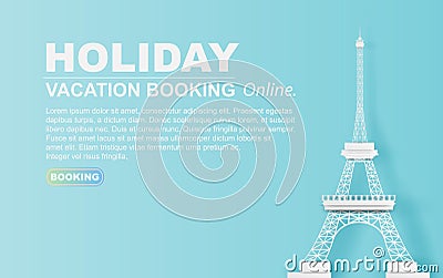 Paper art of Travel in holiday hotel booking Eiffel tower Paris city.website pastel color concept your text space background. Vector Illustration