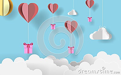 Paper art valentine`s day. Paper origami gifts flying with origami paper heart balloons in candy blue sky. illustration. E Cartoon Illustration