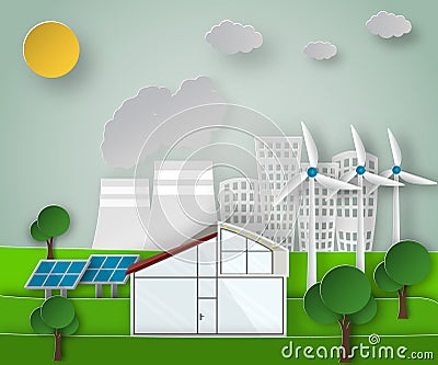 Paper art vector illustration of a renewable green energy sources concept on a dirty city background. Vector Illustration