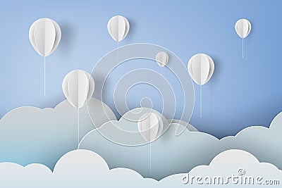 Paper art of white ballons on blue sky background Vector Illustration