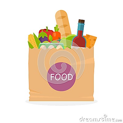 Paper bag with foods. Healthy organic fresh and natural food. Gr Vector Illustration