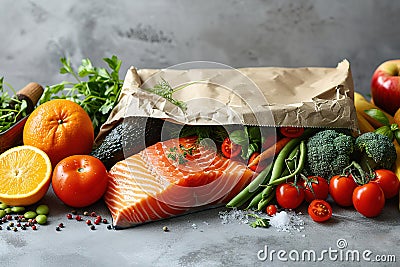 A paper bag full of fresh fruits, vegetables and fish on a white background with copy space Stock Photo