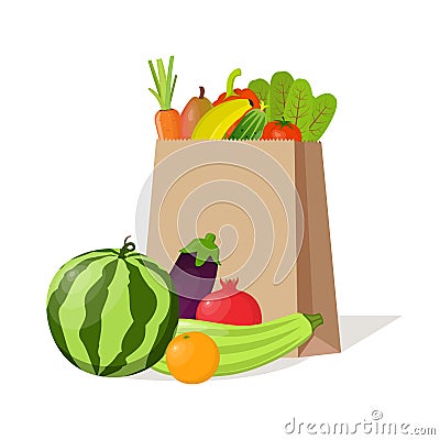 Paper bag full of natural organic vegetables and fruits. Beautiful composition with watermelon, zucchini, pomegranate, eggplant, Stock Photo