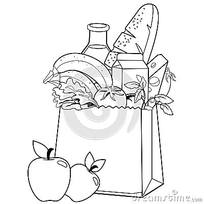 Shopping bag with groceries. Vector black and white coloring page. Vector Illustration