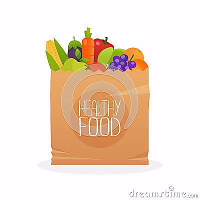 Paper bag with healthy foods. Healthy organic fresh and natural Vector Illustration