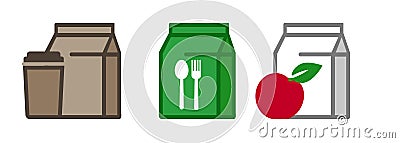 Paper bag lunch breakfast brown coffee cup spoon fork apple symbol icon of take away snack Vector Illustration