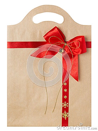 Paper Bag with Red Bow, Christmas Gift Package Bags on White Stock Photo