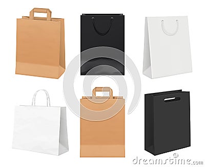 Paper bags empty. Identity packages from white and kraft paper shopping bags vector realistic template Vector Illustration