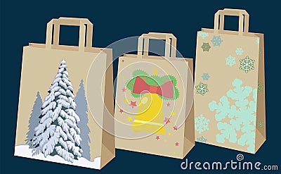 Paper bags with holiday pictures. Vector Cartoon Illustration