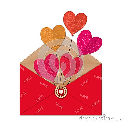 Paper balloons in a red congratulatory envelope. Valentine`s Day Vector Illustration