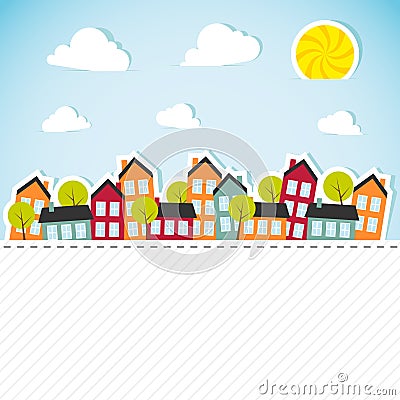 Paper banner with small town Vector Illustration