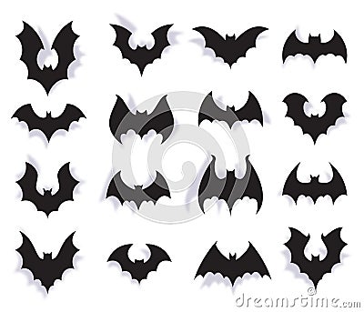 Paper bats. Halloween symbol of creepy flying animal with wings. 3d vampire party decoration. Scary bat horror black Vector Illustration