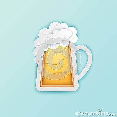 Paper beer mug with white foam and bubbles. Vector paper cut craft beer poster, banner, Oktoberfest flyer design template in past Vector Illustration