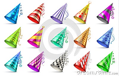 Paper birthday party hats isolated. Funny caps for celebration vector set Vector Illustration