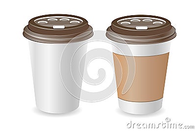 Paper blank coffee cup. Plastic and carton brown coffee or tea cup mock Up. Isolated on white background. Vector Vector Illustration