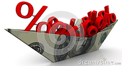 Paper boat from an American banknote with the symbols of a percent Stock Photo