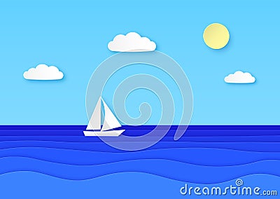 Paper boat floating sea. Cloudy sky with sun, sailboat with white sail in blue ocean waves. Summer vocation origami Vector Illustration