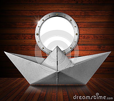 Paper Boat inside a Wooden Ship with Empty Metal Porthole Cartoon Illustration