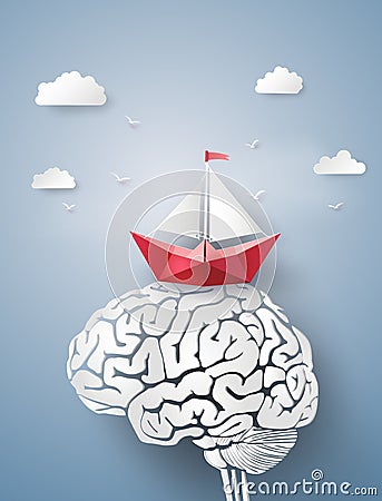 paper boat sailing float on the brain Vector Illustration