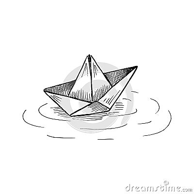 Paper boat on the water. Black and white sketch in sketch style. Vector illustration isolated on white. Vector Illustration