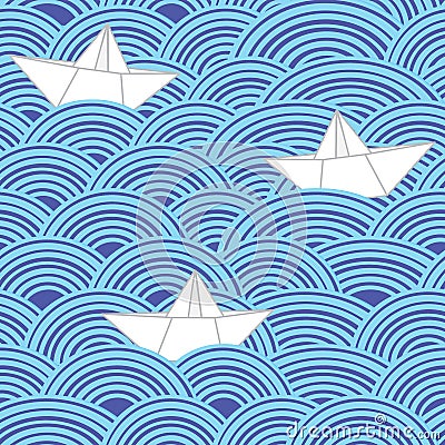 Paper boats in blue sea waves. Seamless vector pattern. Vector Illustration