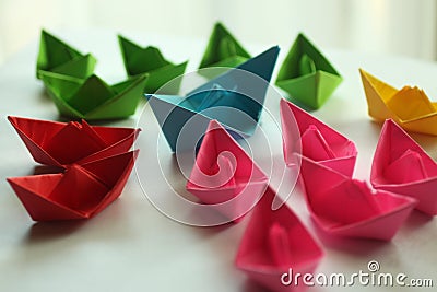 Paper boats. Origami colorful paper ships, Stock Photo