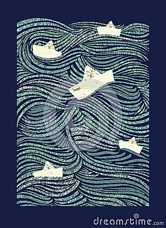 Paper boats sailing rough sea waves Vector Illustration