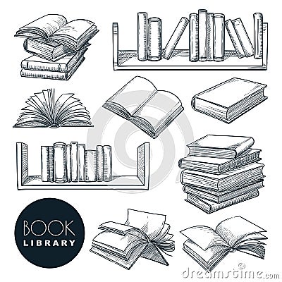 Book sketch vector illustration. Isolated hand drawn learning and education icons. Library or bookstore design elements Vector Illustration