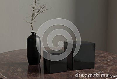 Paper box 3d mockup on table in grey interior background. Shape render background. Grunge gray background. Stock Photo