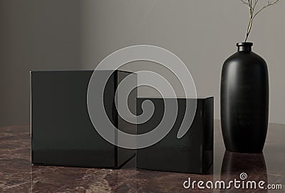 Paper box 3d mockup on table in grey interior background. Shape render background. Grunge gray background. Stock Photo
