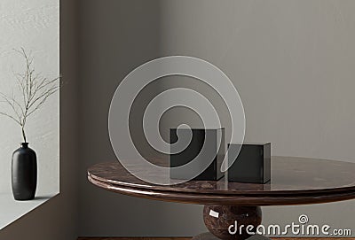 Paper box 3d mockup on table in grey interior background. Shape render background. Grunge gray background. Stock Photo