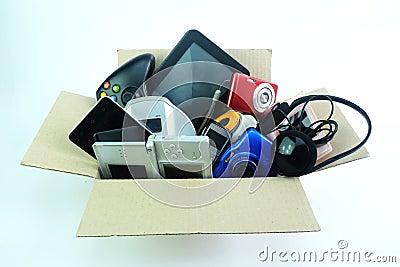 Paper box with the damaged or old used electronics gadgets for daily use on white background Stock Photo