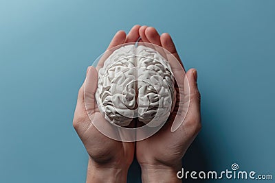 A paper brain in the palm of a person's hand. Working with human thinking Stock Photo