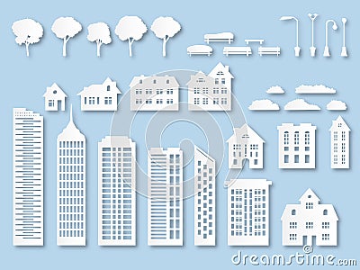 Paper buildings. Origami city houses with windows. Cardboard skyscrapers with lanterns, trees and benches. White paper Vector Illustration